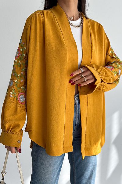 FEMELLE Senfgelbe, komplett bestickte Oversize-Kimonojacke für Damen in Standardgröße für die neue Saison