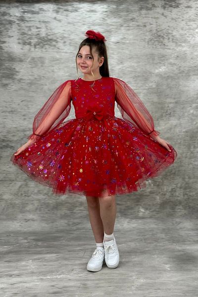 ABİYEKİDS Sparkly Snowflake Patterned Red Children's Evening Dress ABY980