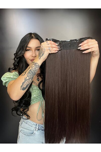 Suzan Peruk Düz Yarım Ay + 2 Yan Çıt Çıt - Kahverengi Mokka