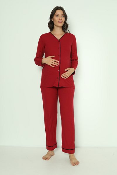 Miss Dünya Lissa Claret Red Cotton Fitted Knitted Fabric Buttoned Front Maternity and Maternity Pajamas Set