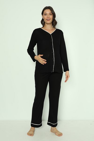 Miss Dünya Lissa Black Cotton Fitted Knitted Fabric Buttoned Front Maternity and Maternity Pajamas Set