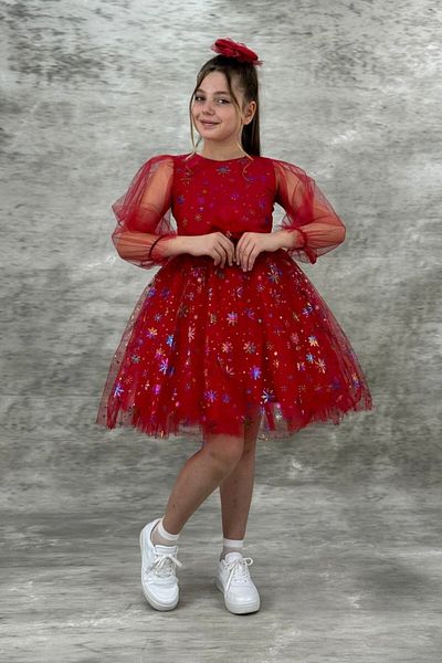 ABİYEKİDS Sparkly Snowflake Patterned Red Children's Evening Dress ABY980