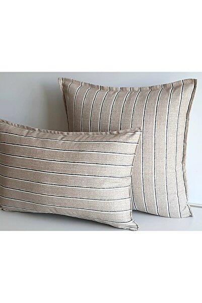 Fabric by Gülçin KOTON PREMİUM YUMUŞAK PAMUKLU KUM BEJİ ÇİZGİLİ 2'Lİ YASTIK K...