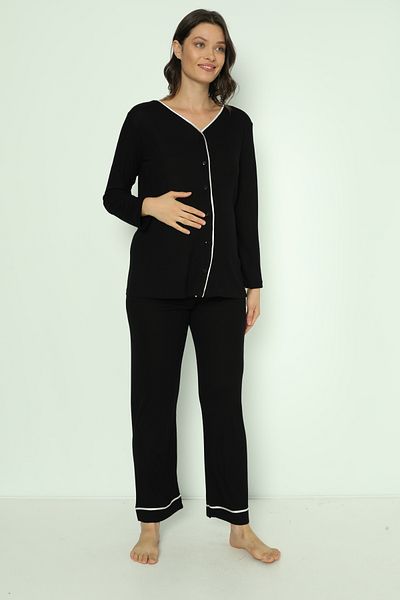 Miss Dünya Lissa Black Cotton Fitted Knitted Fabric Buttoned Front Maternity and Maternity Pajamas Set