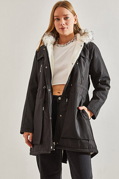 Bianco Lucci Γυναικείο παλτό με κουκούλα με γούνα