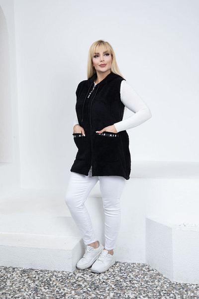 xlargebutik PLUS SIZE WOMEN'S CLOTHING NEW MODEL BLACK PLUSH FLEECE VEST