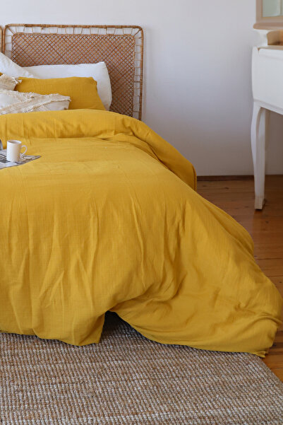 vivamaison Çift Kişilik 2 Kat Müslin Nevresim Takımı, % 100 Pamuk Soft Kumaş 200x220 cm Hardal
