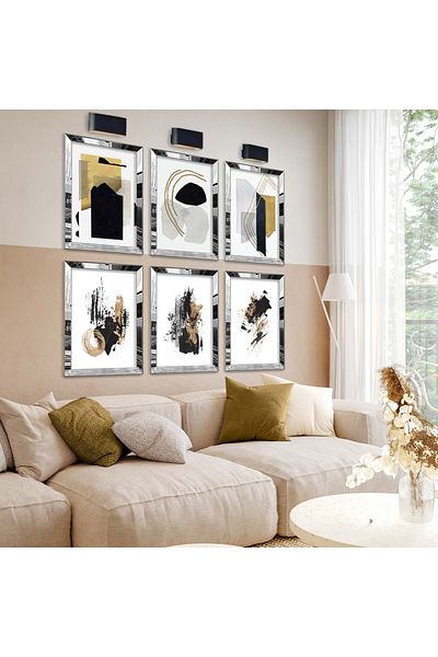 Zevahir Mobilya Dekorasyon Set de pictură MDF cu șase teme moderne și abstracte cu cadru din plexiglas cu oglindă argintie