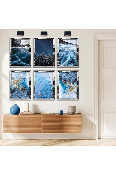 Zevahir Mobilya Dekorasyon Set de masă MDF cu șase teme natură și albastru cu cadru din plexiglas cu oglindă argintie
