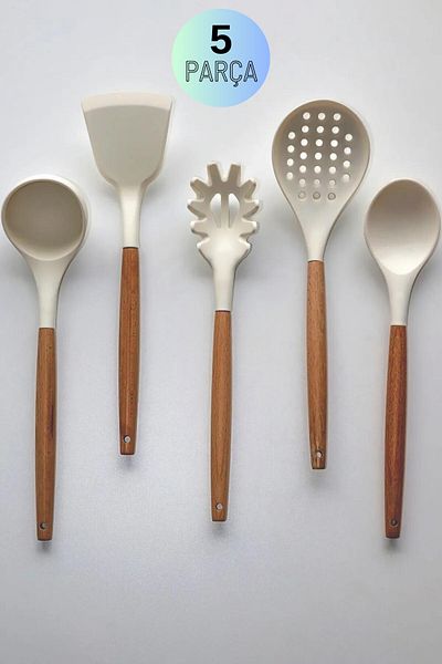 ÖzSa Home Bamboo Handle White Non-Scratch Silicone Colander Ladle Spoon Pasta Salad Spoon Spatula 5-Piece Service Set