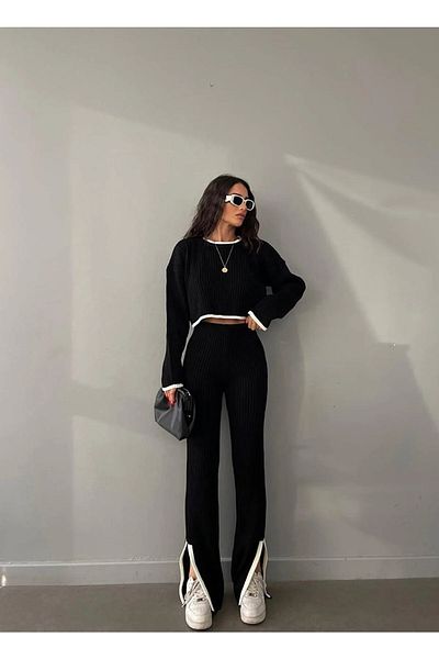 Masi Design Fekete, túlméretezett, résnyire szabott, legény nyakú kötöttáru alsó-felső készlet