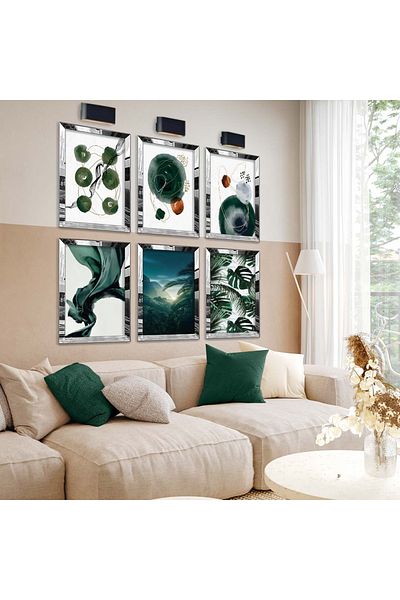 Zevahir Mobilya Dekorasyon Set de pictură MDF cu șase teme abstracte, cu cadru din plexiglas cu oglindă argintie