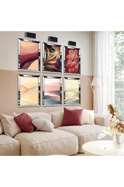 Zevahir Mobilya Dekorasyon Set de pictură MDF cu șase subteme moderne, cu cadru din plexiglas cu oglindă argintie