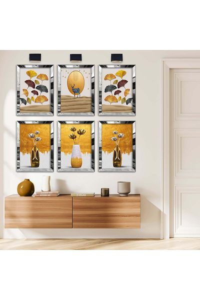 Zevahir Mobilya Dekorasyon Set de pictură MDF cu cadru din plexiglas cu oglindă argintie, desen modern, figura de flori