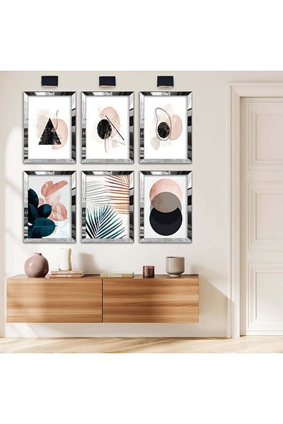 Zevahir Mobilya Dekorasyon Set de pictură MDF cu șase subiecte cu temă abstractă, cu cadru din plexiglas cu oglindă argintie