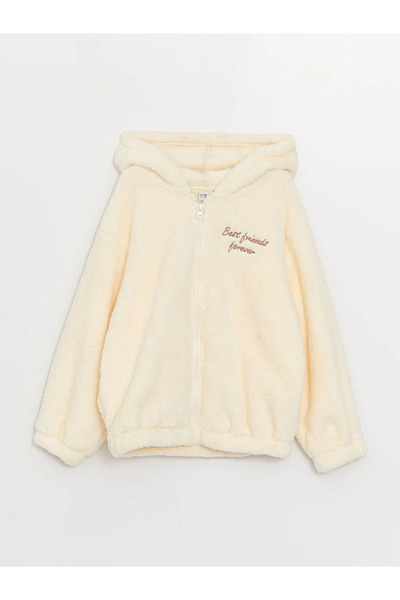 LC Waikiki LCW Kids Kapüşonlu Nakışlı Uzun Kollu Pelüş Kız Çocuk Fermuarlı Sw...