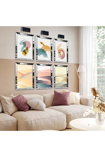 Zevahir Mobilya Dekorasyon Set de pictură MDF cu șase teme moderne, cu cadru din plexiglas cu oglindă argintie