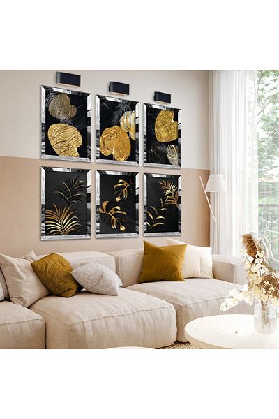 Zevahir Mobilya Dekorasyon Set de pictură MDF cu șase frunze de aur și desen modern cu cadru din plexiglas cu oglindă argintie
