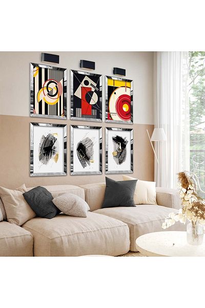 Zevahir Mobilya Dekorasyon Set de pictură MDF cu cadru din plexiglas cu oglindă argintie, desen geometric și tema abstractă