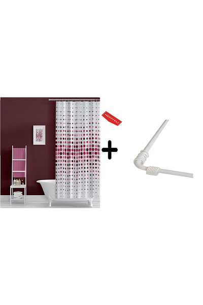 Zethome Κουρτίνα μπάνιου Ροζ 2x110x200, Κρεμάστρα Κουρτινών Γωνιακός Σωλήνας Λευκό Δώρο, Σετ Κουρτίνας Ντους
