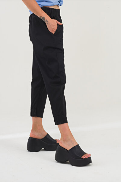Bold & Young Women's Black Cotton Power Lycra Trousers with Elastic Waist and Elastic Legs