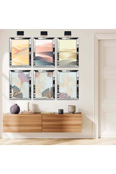 Zevahir Mobilya Dekorasyon Set de pictură MDF cu șase subteme naturale cu cadru din plexiglas cu oglindă argintie