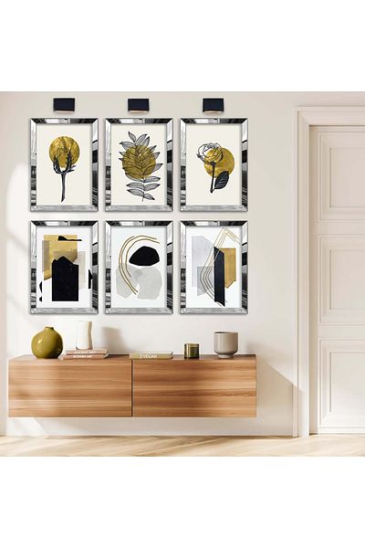 Zevahir Mobilya Dekorasyon Set de pictură MDF cu cadru din plexiglas cu oglindă argintie, desen de colaj, model de trandafiri și frunze