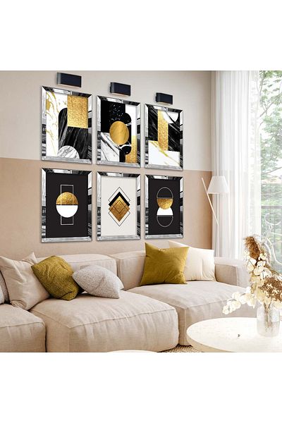 Zevahir Mobilya Dekorasyon Set de masă MDF cu șase piese cu model geometric cu cadru din plexiglas cu oglindă argintie