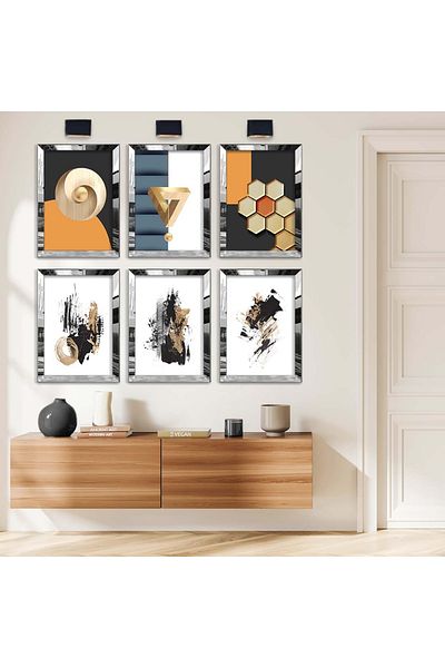 Zevahir Mobilya Dekorasyon Set de pictură MDF cu cadru din plexiglas cu oglindă argintie, desen geometric și tema abstractă