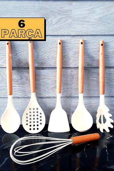 ÖzSa Home 6 Piece Silicone Ladle Colander Spoon Whisk Bamboo Handle Kitchen Serving Set Set