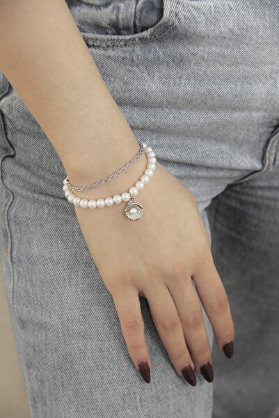 takıtarzım Oyster pearl women's 2-piece silver bracelet