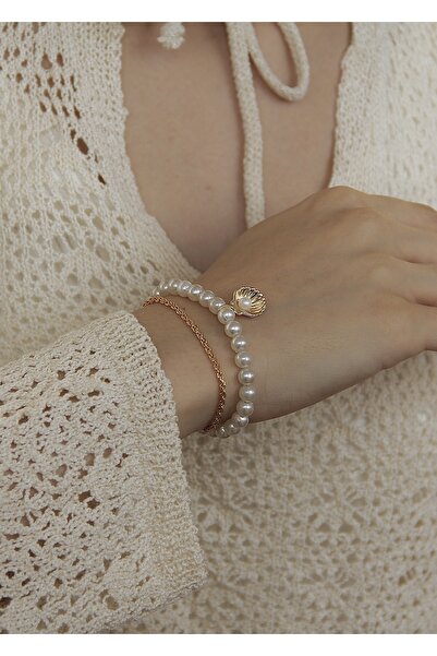 takıtarzım سوار نسائي من اللؤلؤ والمحار باللون الذهبي مكون من قطعتين