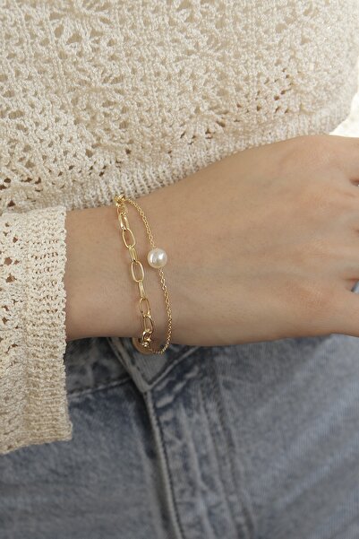 takıtarzım اسوارة نسائية من سلسلة اللؤلؤ الذهبي قطعتين