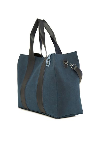 Bagmori Navy Blue Women's Double Leather Stripe Large Nubuck Tote Bag M000008158