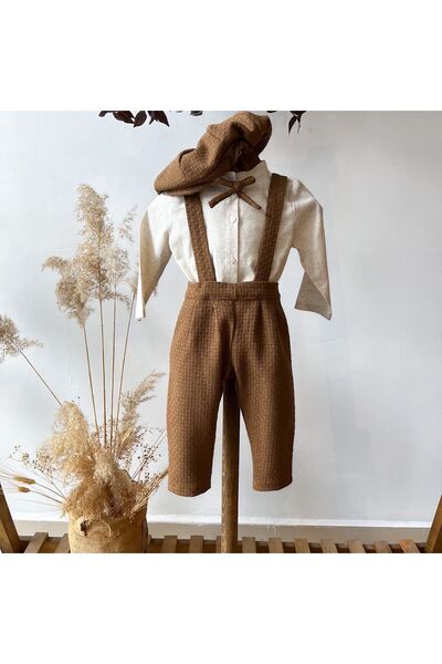 MeHa KIDS Kahve Wooly Salopet- Keten Gömlek - Kasket ( 3lü SET )
