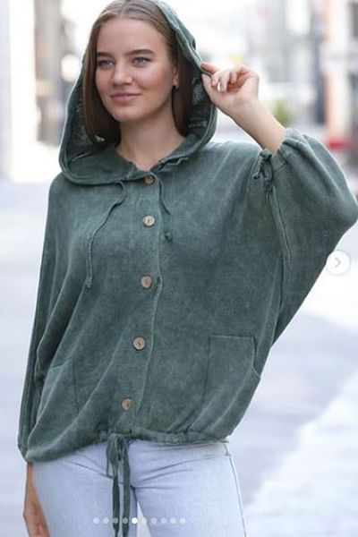 AYASOFYA OTANTIK Women's Khaki Hooded Pocket Buttoned Oversize Cotton Knitwear Jacket Cardigan with Tied Sleeves and Hem