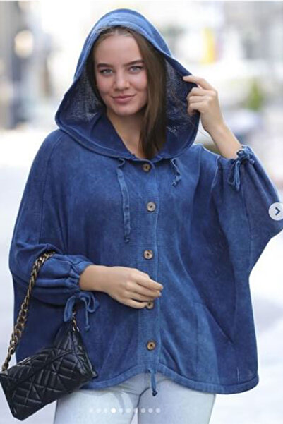 AYASOFYA OTANTIK Kadın Lacivert Kapuşonlu Cepli Düğmeli Kolları ve eteği Bağl...