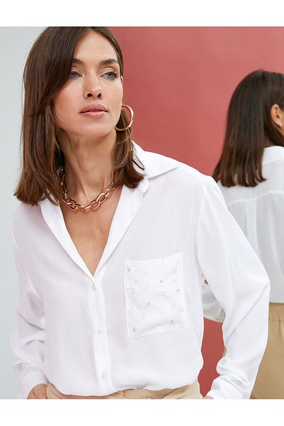 Koton Long Sleeve Stoned Shirt with Shiny Pearls Pocket Buttons