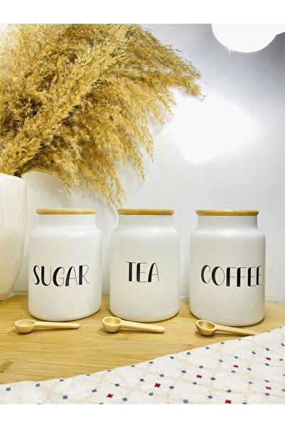 Cherry Collection 3-Piece Bamboo Lid 800ml Glass Tea/Coffee/Sugar Jar Set Wooden Spoon