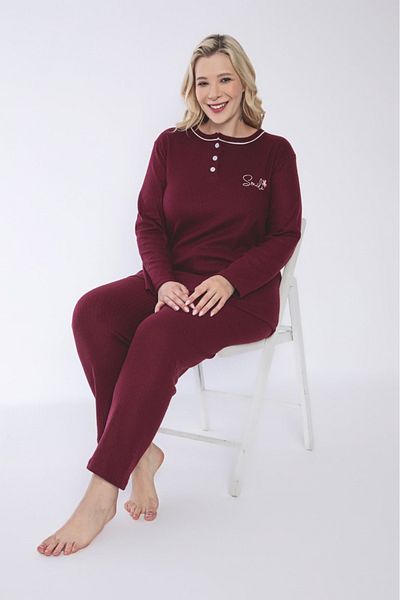 Eyfuze Women's Winter Plus Size Collar Buttoned Long Sleeve Interlock Pajamas Set