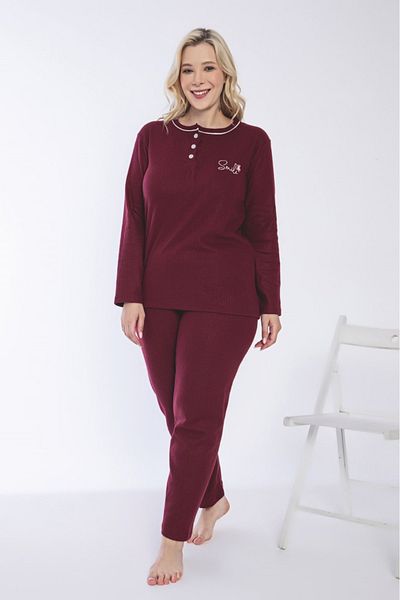 Eyfuze Women's Winter Plus Size Collar Buttoned Long Sleeve Interlock Pajamas Set