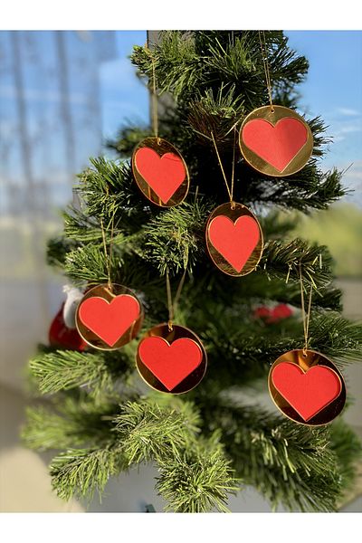 Mini Tasarım Atölyem Christmas Tree Gold Plexi - Red Wooden Ornament Set