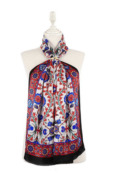 Bursa İpek Black Red Seljuk Pattern Silk Scarf