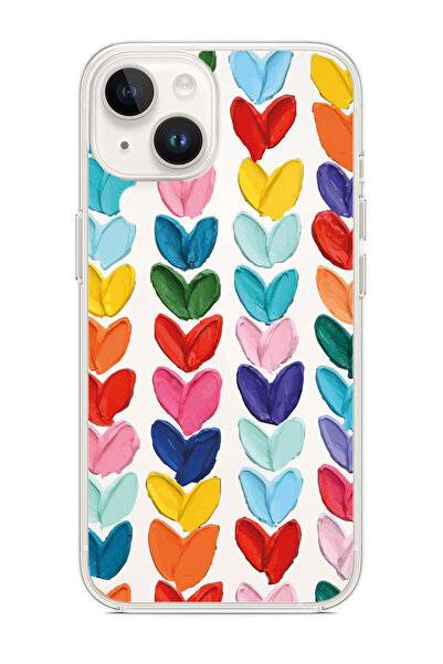 Merwish Apple İphone 15 Uyumlu Şeffaf Kapak Kılıf Desen 20 Renkli Kalpler