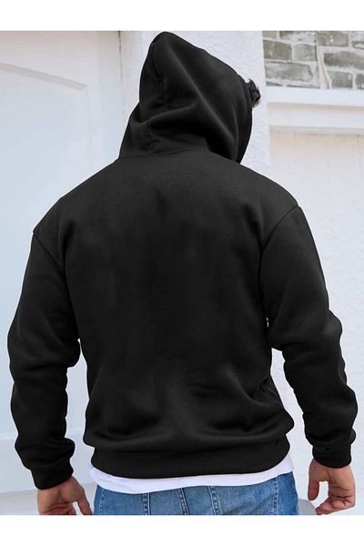 DEEPSENCE Men's Oversize Black Hooded Sweatshirt Berber printed