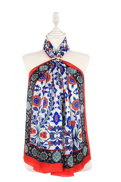 Bursa İpek Red Navy Blue Seljuk Pattern Silk Scarf