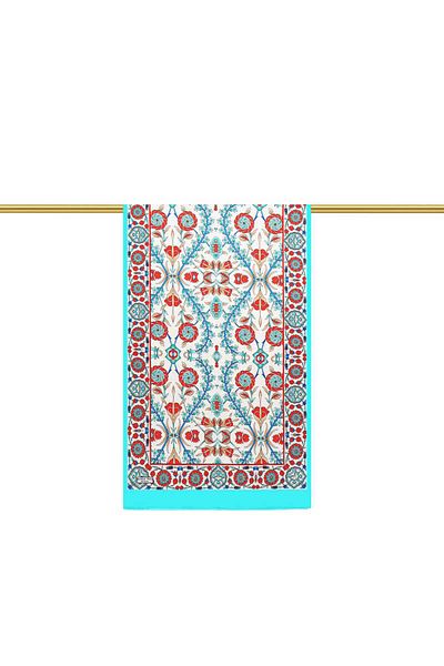 Bursa İpek Turquoise Ecru Seljuk Pattern Silk Scarf
