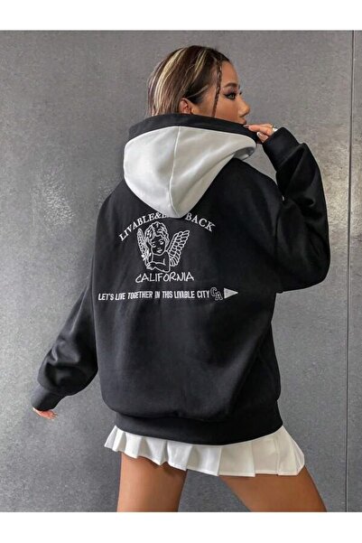 MOONBULL Unisex Oversize Black Livable California Back Printed White Hooded Sweatshirt