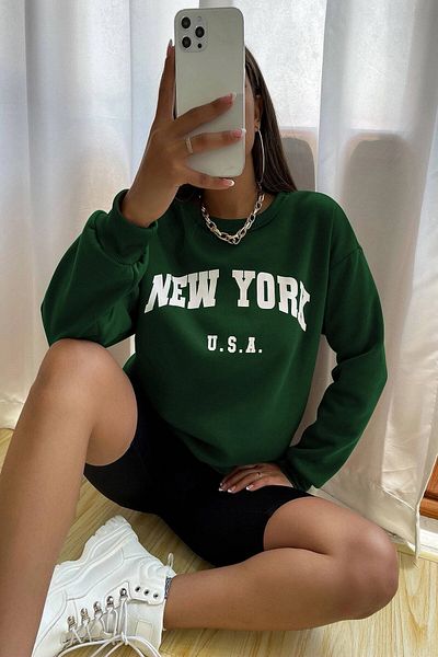 MODAGEN Unisex Πράσινη Νέα Υόρκη Φούτερ με στάμπα, Oversize με λαιμόκοψη