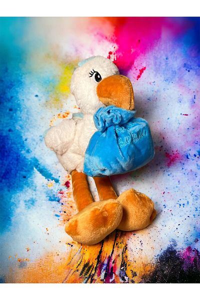 Happyland Baby Shower Gender Party Blue Plush Stork Toy Welcome Baby Written Plush Stork